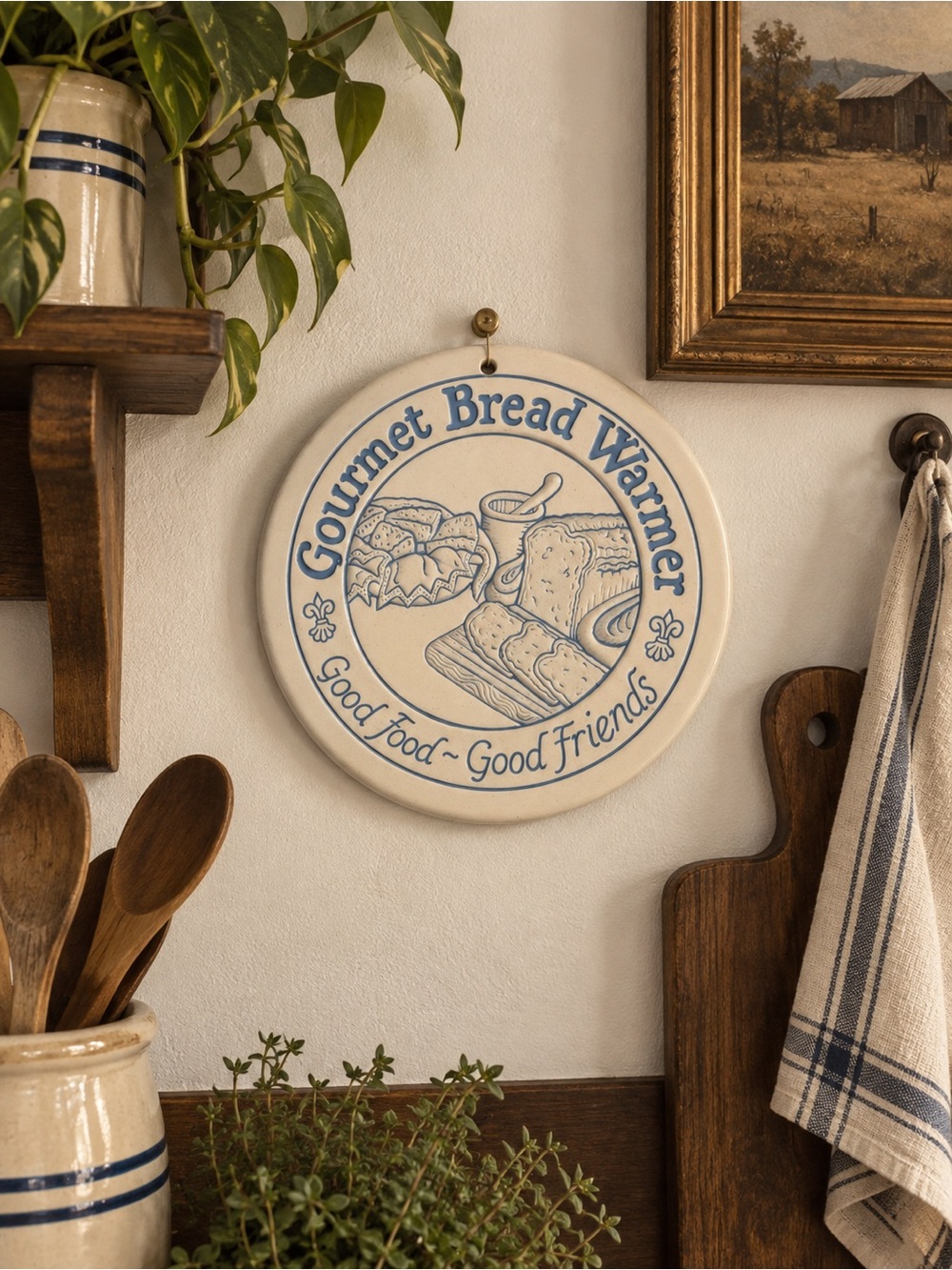 Vintage Cream and Blue Gourmet Bread Warmer Wall Plaque